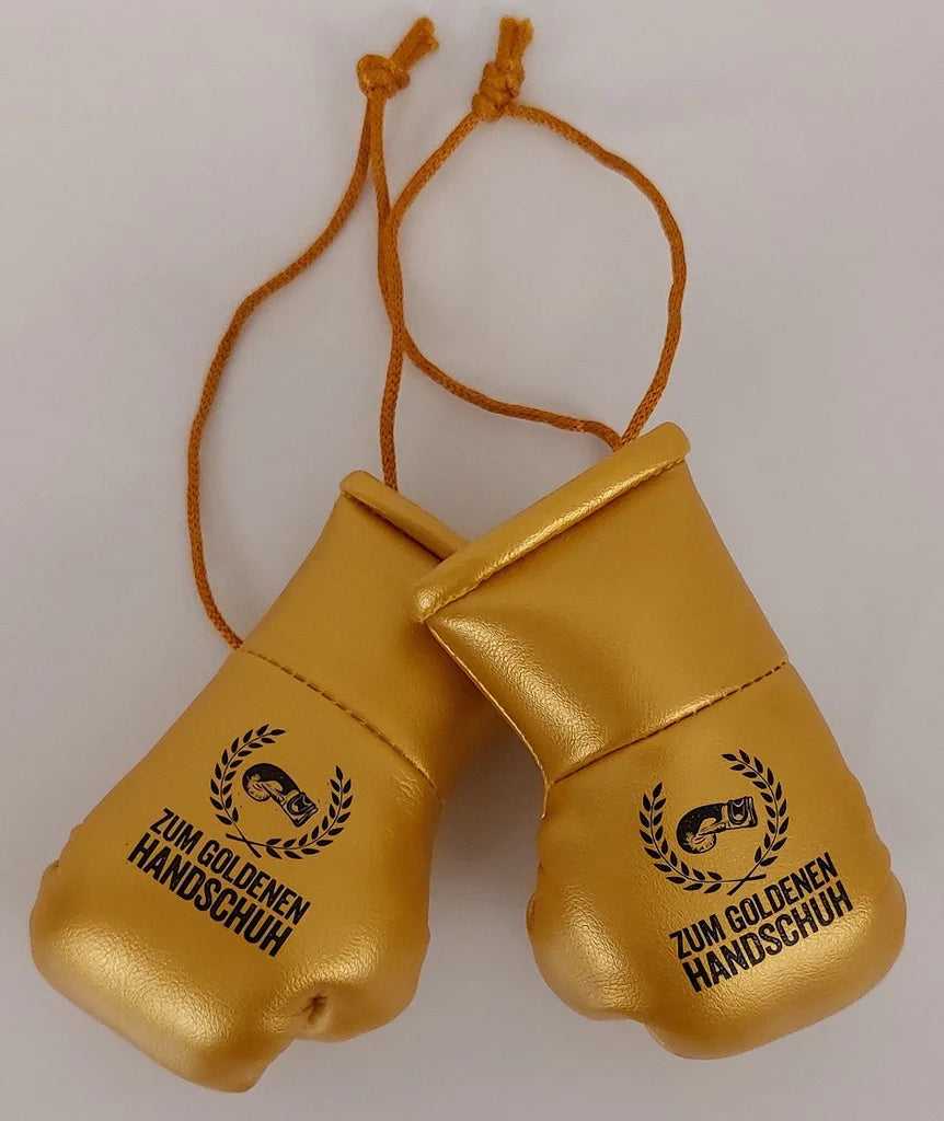 Zum Goldenen Handschuh: Kleine Boxhandschuhe mit Logo zum Aufhängen