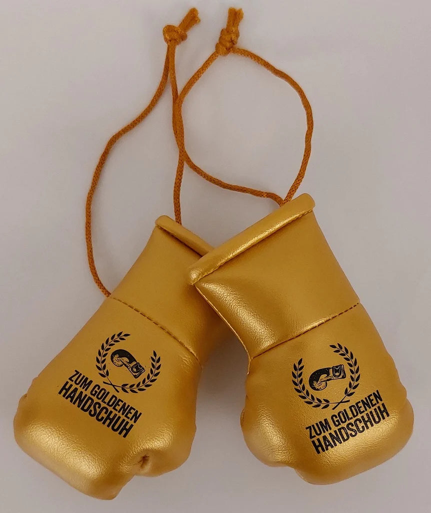 Zum Goldenen Handschuh: Kleine Boxhandschuhe mit Logo zum Aufhängen – MOPO-Shop