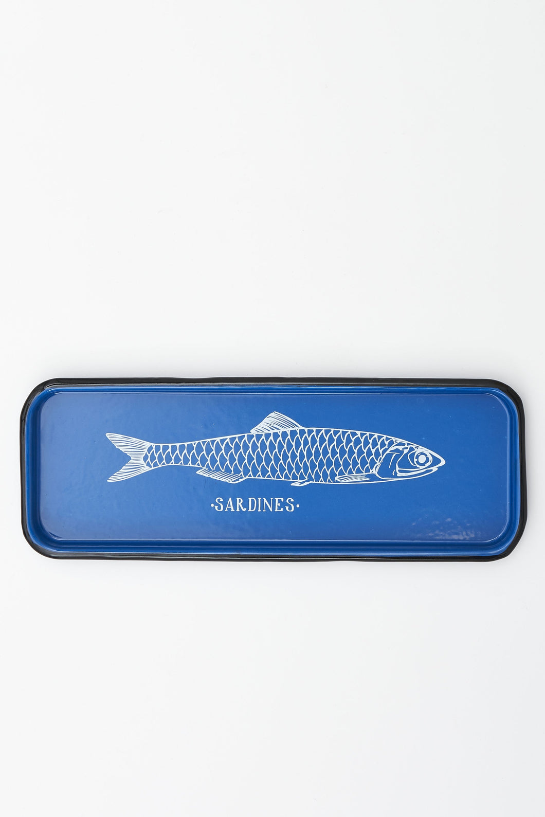 Blaues Emaille-Tablett mit Sardinen Dekor